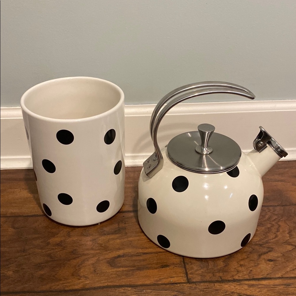 Polka Dot White Kettle and Utensil Holder Set